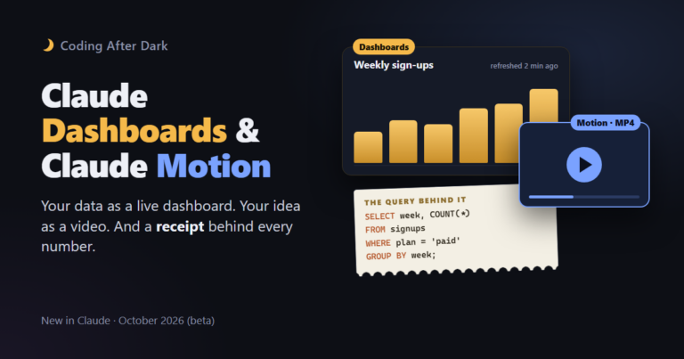 A Claude dashboard chart with its SQL query shown underneath like a receipt, next to a play button for a Motion animation.