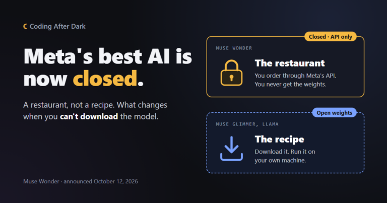 Meta's best AI is now closed: Muse Wonder shown as a locked restaurant (API only) next to open-weight models shown as a downloadable recipe.