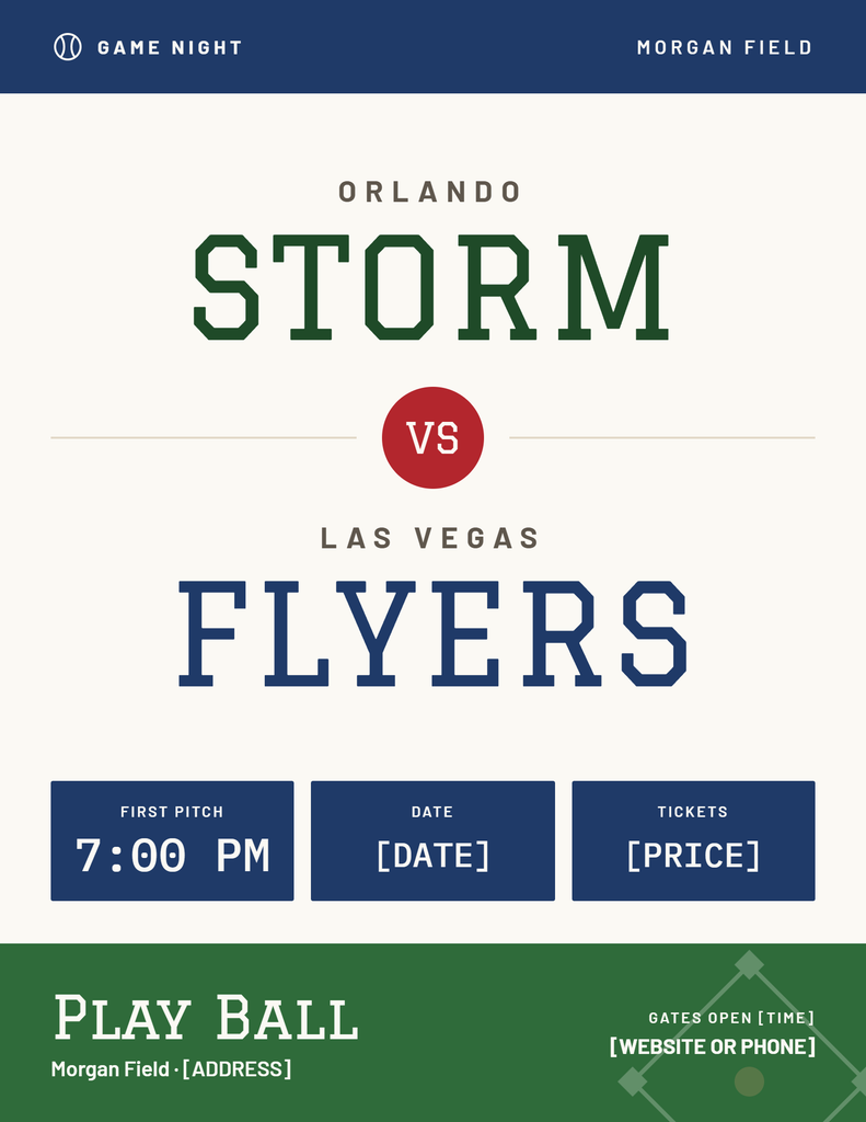 Game night flyer made with a design system: Orlando Storm vs Las Vegas Flyers in green, navy and red on cream
