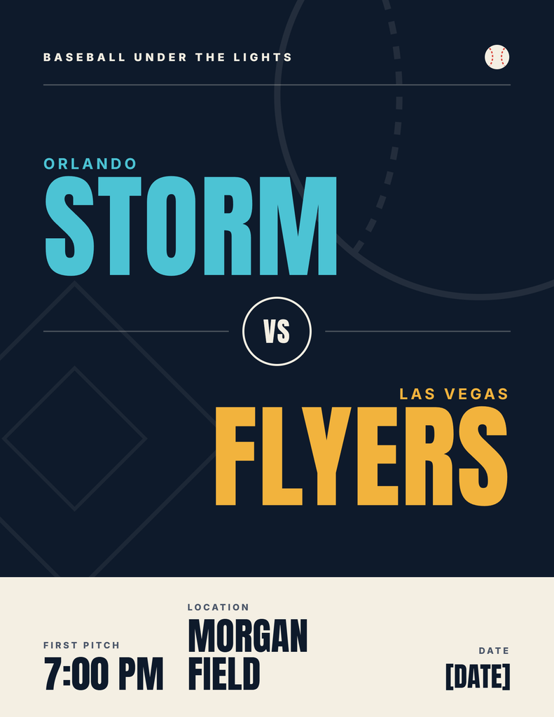 Game night flyer made without a design system: Storm in light blue and Flyers in gold on dark navy