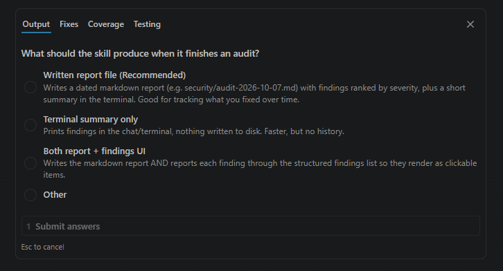 skill-creator asking what the skill should produce when it finishes an audit